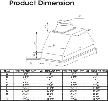 Vesta Range Hood Toronto, Insert 30"/36"/42"/48", 1000CFM Powerful Motors - YOURISHOP.COM