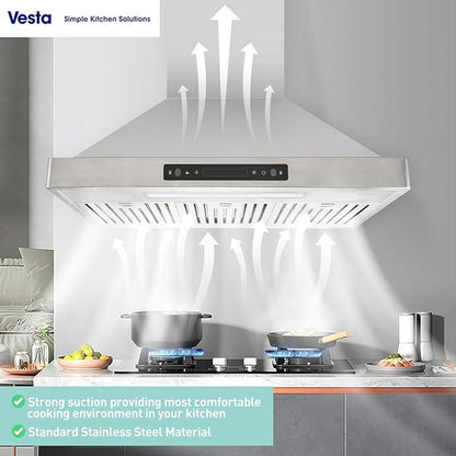 Vesta Range Hood VRH-BRUSSELS, 800CFM 30'' Stainless Steel Wall Mounted Range Hood With 6 Speeds Touch/Gesture Control, 6'' Round Vent, Baffle Filters