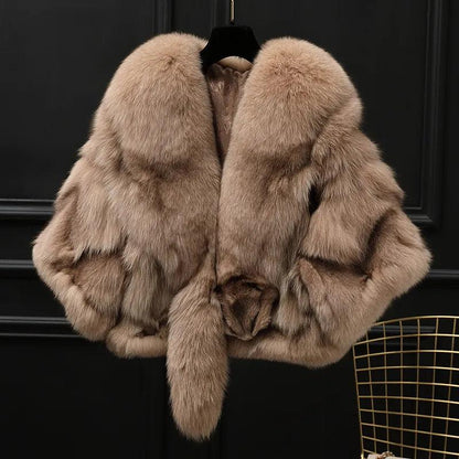 Winter Cloak Warm Women Cardigan big real Fox Fur Collar Cape Fashion Solid Poncho With medium Fur Sleeves Evening dress shaw - YOURISHOP.COM