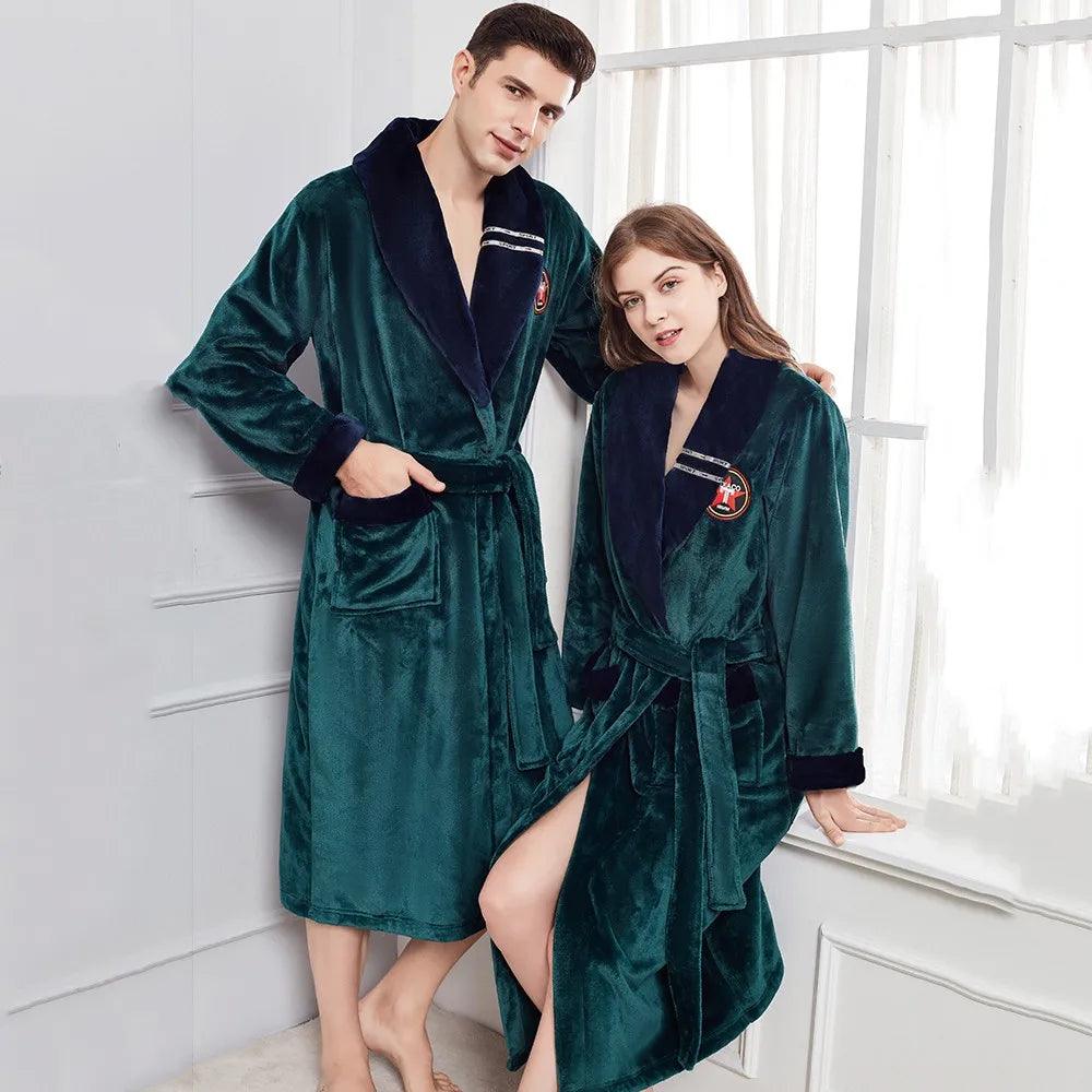 Winter Warm Couple Flannel Robe Sleepwear Loose Casual Kimono Bathrobe Gown Thick Coral Fleece Women Nightwear Nightgown 3XL - YOURISHOP.COM