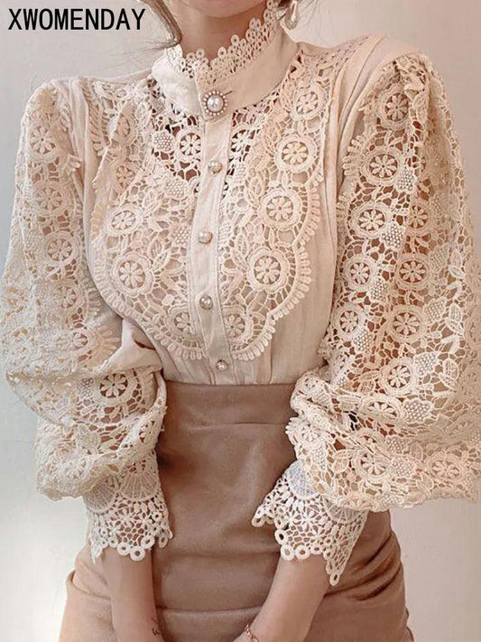 Women Chiffon Button Turtleneck Shirt Chic Elegant Floral Lace Fluffy Long Sleeve Top Fashion Hollow Oversize White Blouse 2023 - YOURISHOP.COM