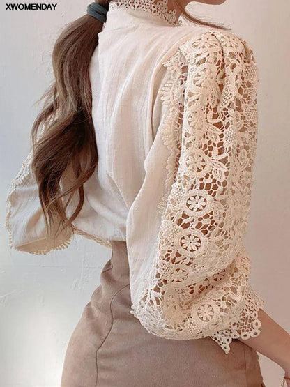 Women Chiffon Button Turtleneck Shirt Chic Elegant Floral Lace Fluffy Long Sleeve Top Fashion Hollow Oversize White Blouse 2023 - YOURISHOP.COM