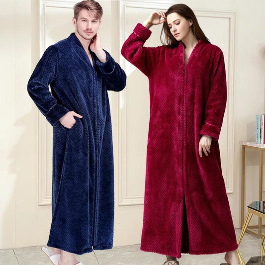 Women Winter Extra Long Thick Warm Bath Robe Plus Size Zipper Luxury Flannel Peignoir Pregnant Bathrobe Men Coral Fleece Robes - YOURISHOP.COM