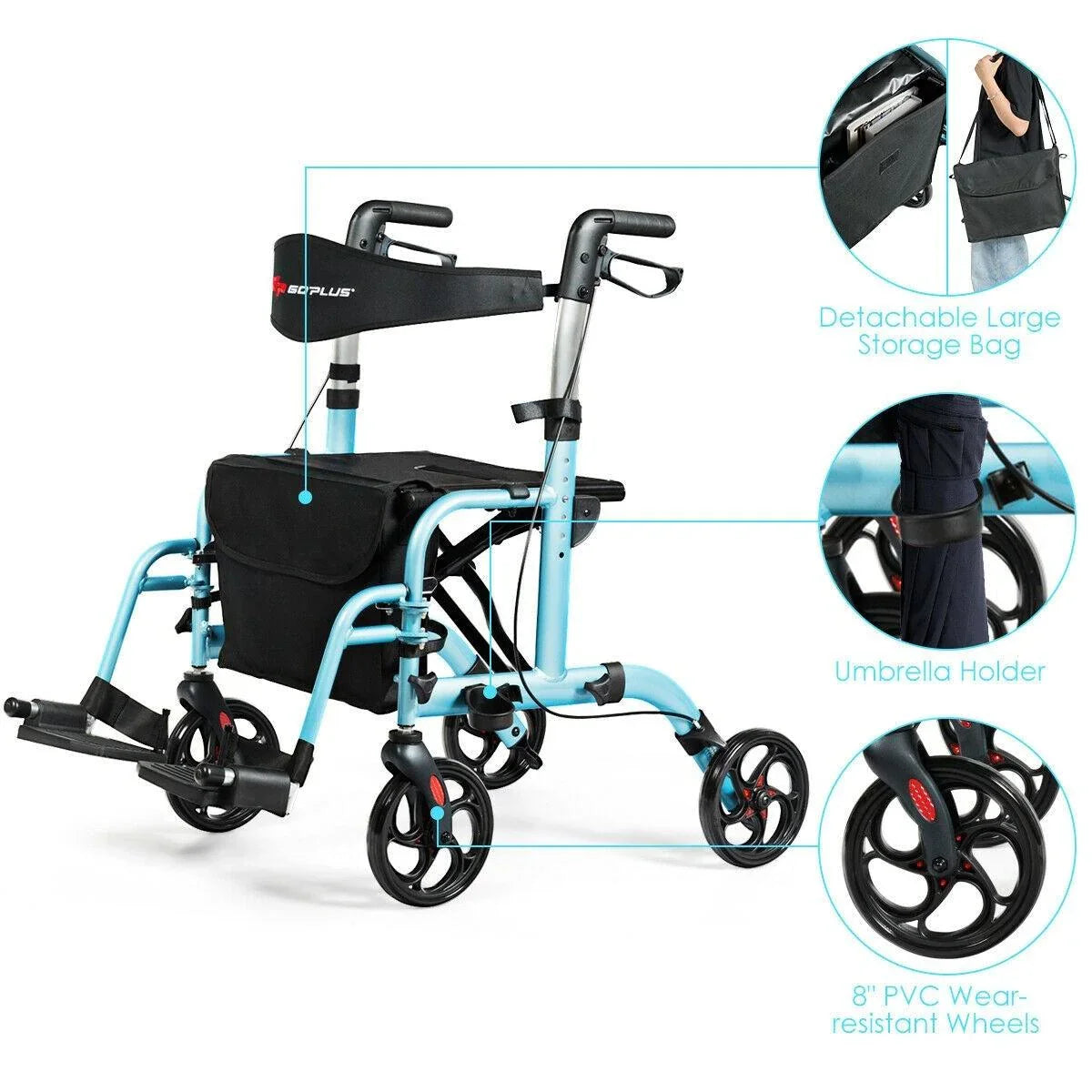 Adjustable Folding Walker SP36907,2-in-1 Handle Rollator with Storage Space - YOURISHOP.COM