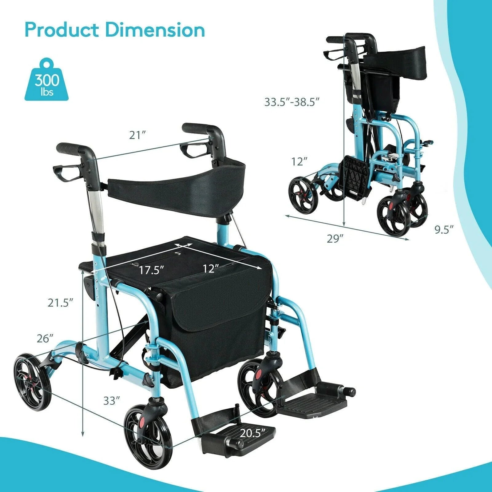 Adjustable Folding Walker SP36907,2-in-1 Handle Rollator with Storage Space - YOURISHOP.COM