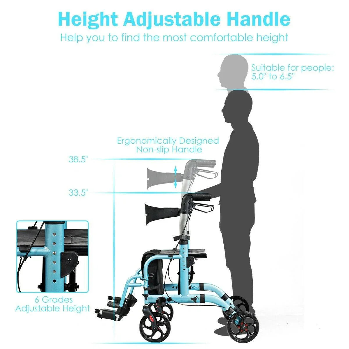 Adjustable Folding Walker SP36907,2-in-1 Handle Rollator with Storage Space - YOURISHOP.COM