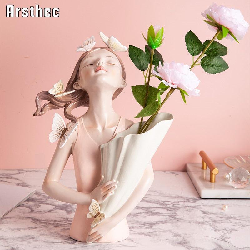 Arsthec Fairy Girl Flowers Vase Statues Kawaii Resin Art Sculpture For Interior Home Decor Wedding Valentine&#39;s Day Gift Ornament - YOURISHOP.COM