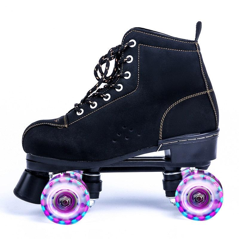 Black Lether Roller Skates Shoes 4-Wheel Double Row Flash Ourdoor Adult Man Woman Patines Shoes Europe Size 36-45 - YOURISHOP.COM