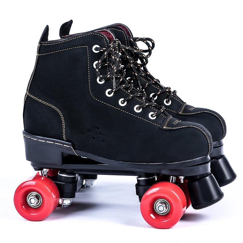 Black Lether Roller Skates Shoes 4-Wheel Double Row Flash Ourdoor Adult Man Woman Patines Shoes Europe Size 36-45 - YOURISHOP.COM