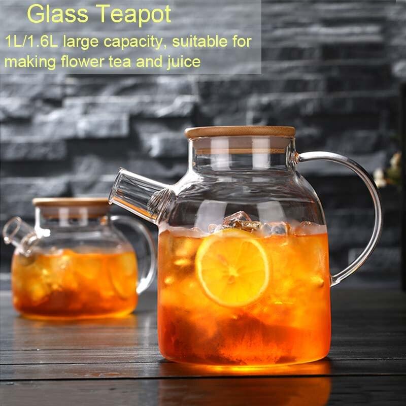BORREY Big Heat-Resistant Glass Teapot Flower Tea Kettle Large Clear Glass Fruit Juice Container Ceramic Teapot Holder Base - YOURISHOP.COM