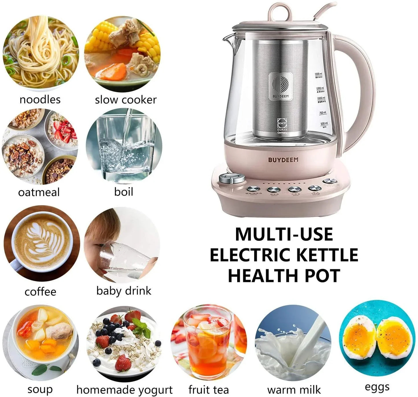 BUYDEEM Health Pot K2693, Electric Kettle with Thickened Glass, 9-in-1 Fully Automatic, 1.5 L - YOURISHOP.COM