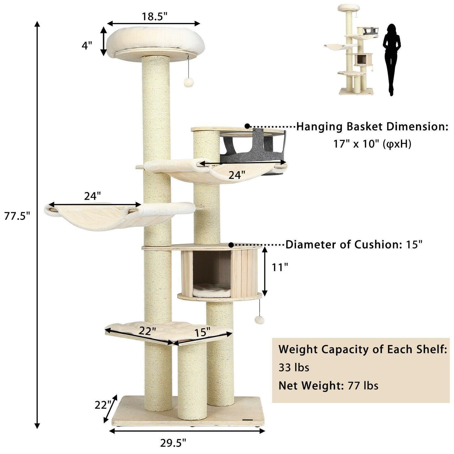Cat Tree Condo PS7476,77.5 Inch Multi-Level Kitten Activity Tower with Sisal Posts - YOURISHOP.COM