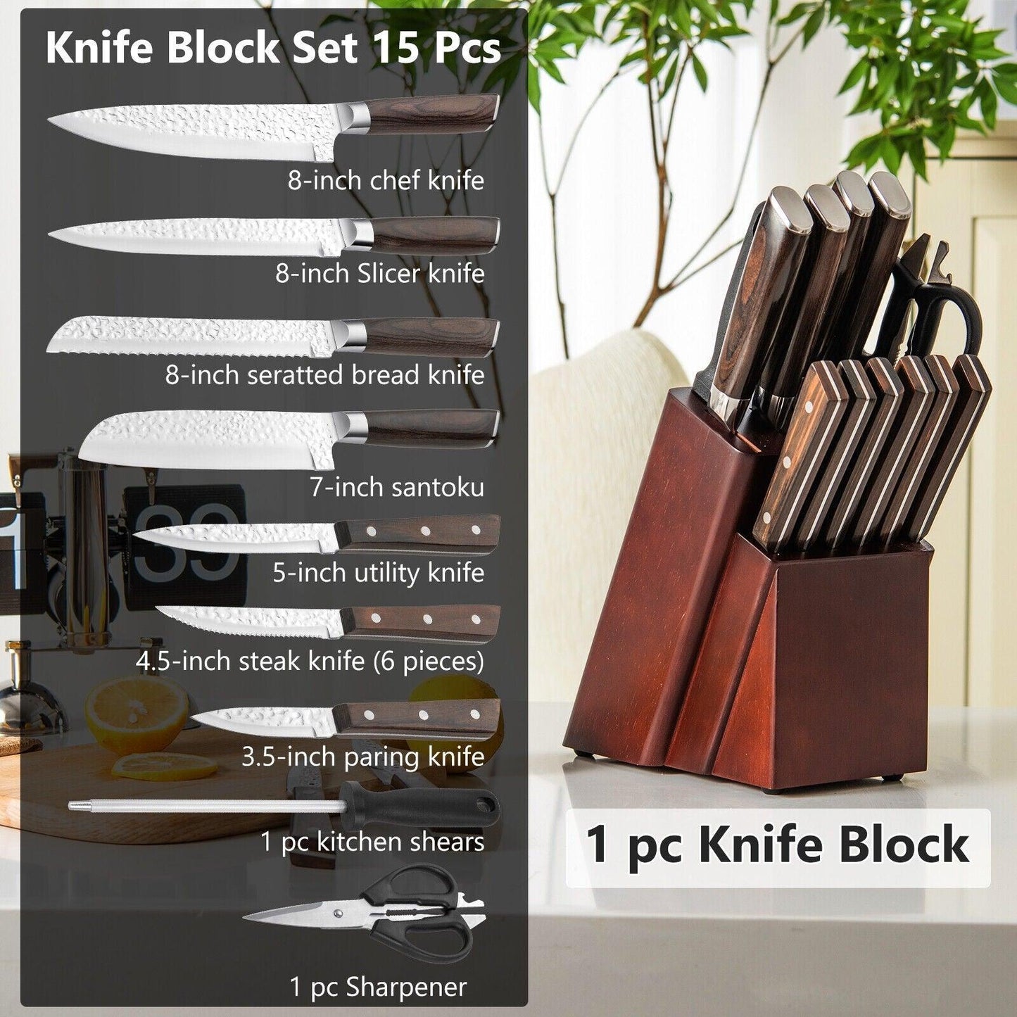 Costway 15 Pieces Stainless Steel Knife Block Set 95032687 with Ergonomic Handle - YOURISHOP.COM
