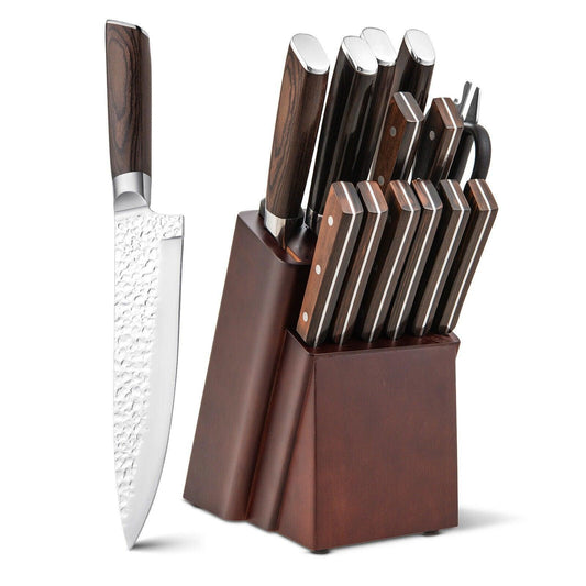 Costway 15 Pieces Stainless Steel Knife Block Set 95032687 with Ergonomic Handle - YOURISHOP.COM