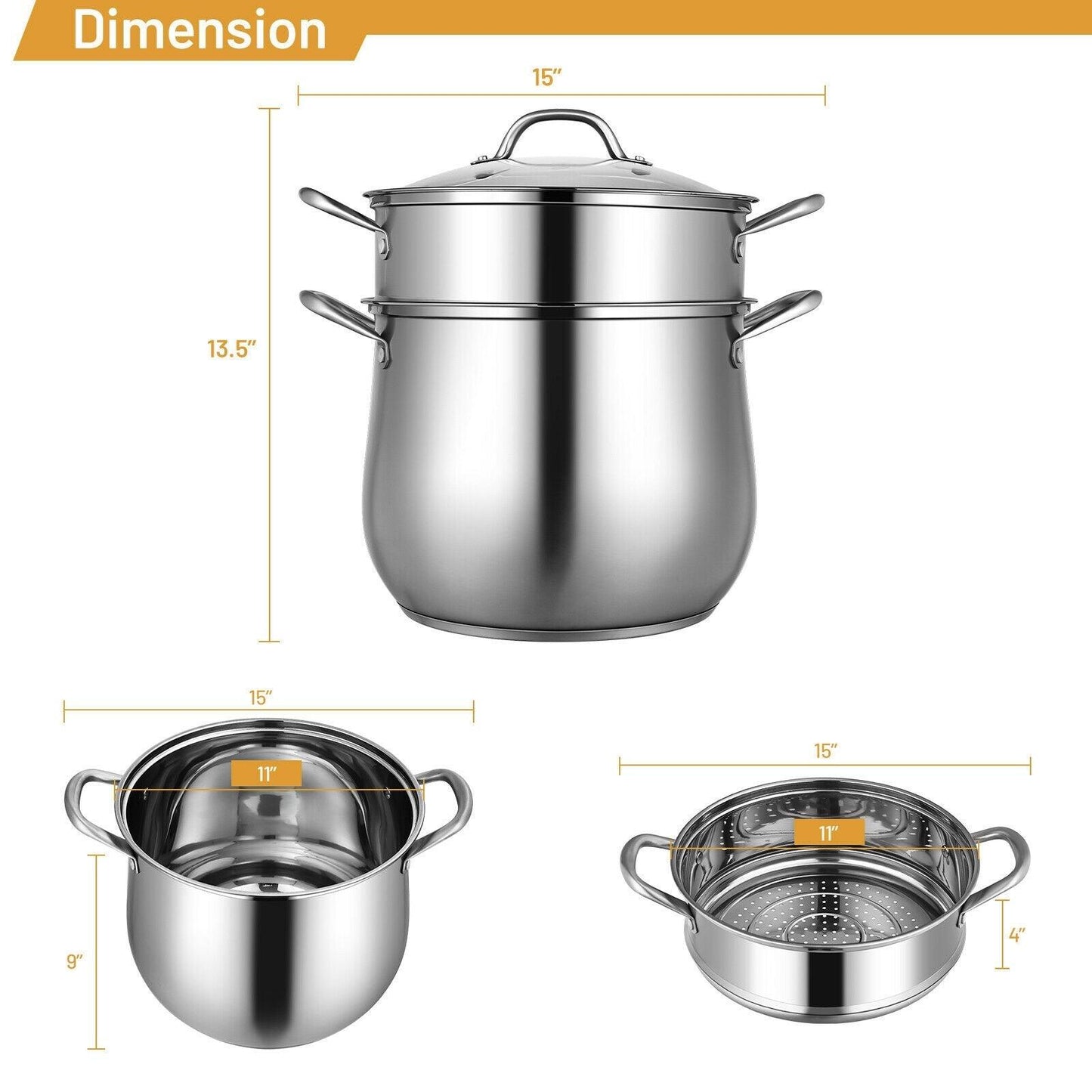 Costway 2-Tier Steamer Pot 18490257,Saucepot Stainless Steel with Tempered Glass Lid - YOURISHOP.COM