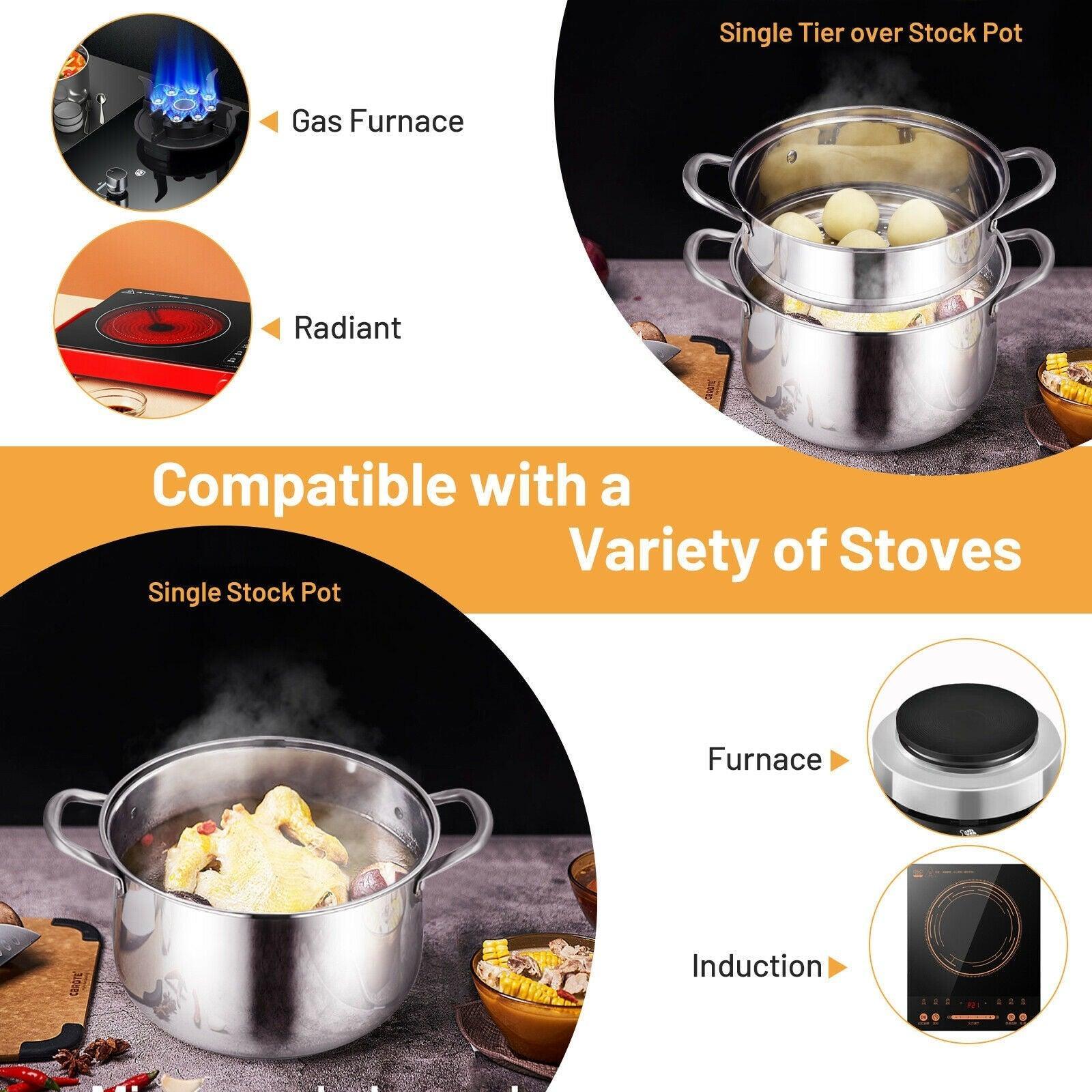Costway 2-Tier Steamer Pot 18490257,Saucepot Stainless Steel with Tempered Glass Lid - YOURISHOP.COM