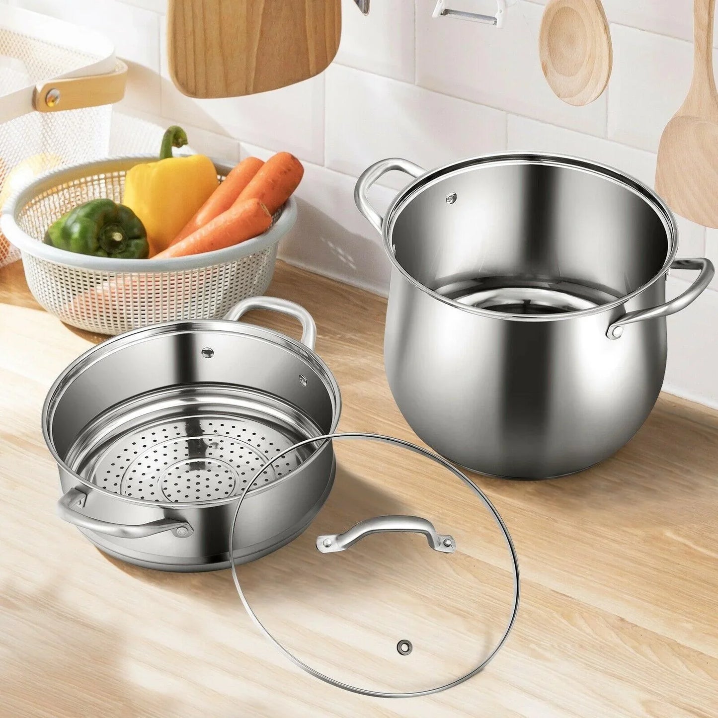 Costway 2-Tier Steamer Pot 18490257,Saucepot Stainless Steel with Tempered Glass Lid - YOURISHOP.COM