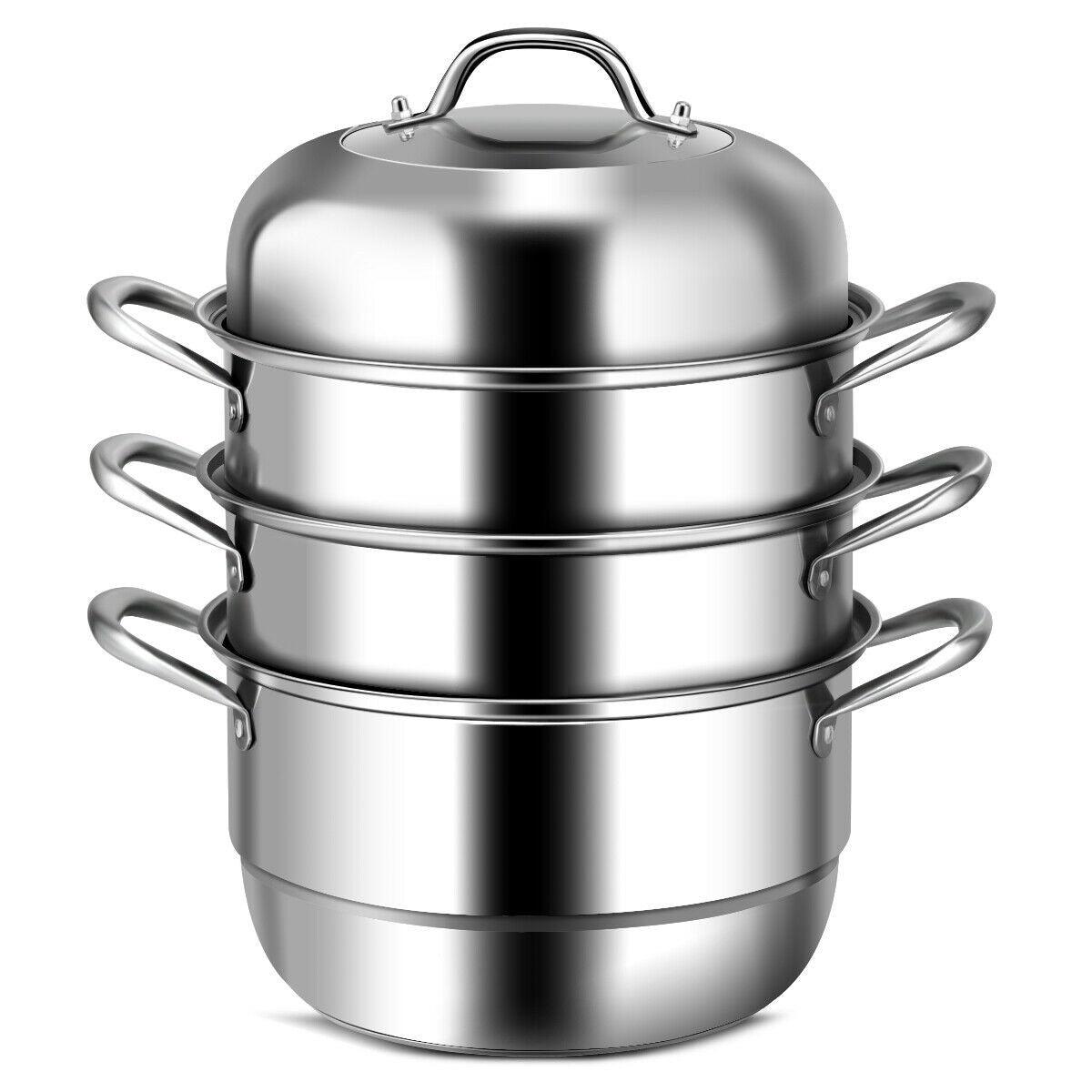 Costway 3 Tier Stainless Steel Cookware Pot Saucepot Steamer 48016759 - YOURISHOP.COM