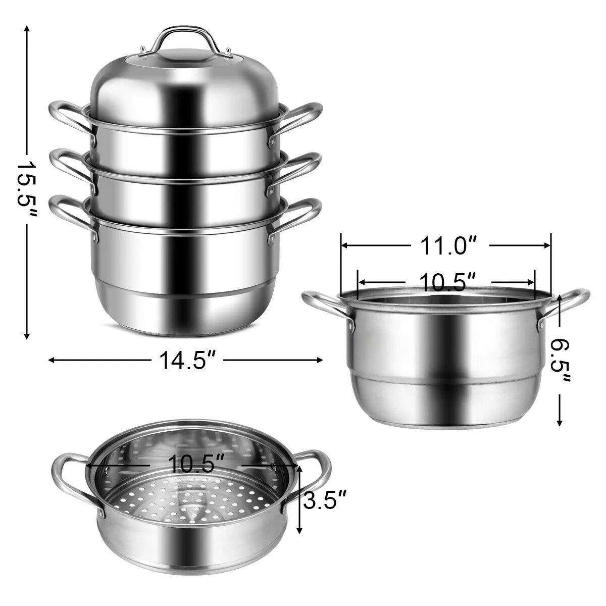 Costway 3 Tier Stainless Steel Cookware Pot Saucepot Steamer 48016759 - YOURISHOP.COM