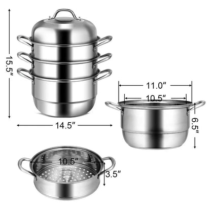 Costway 3 Tier Stainless Steel Cookware Pot Saucepot Steamer 48016759 - YOURISHOP.COM