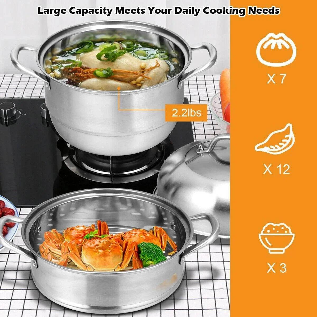 Costway 3 Tier Stainless Steel Cookware Pot Saucepot Steamer 48016759 - YOURISHOP.COM