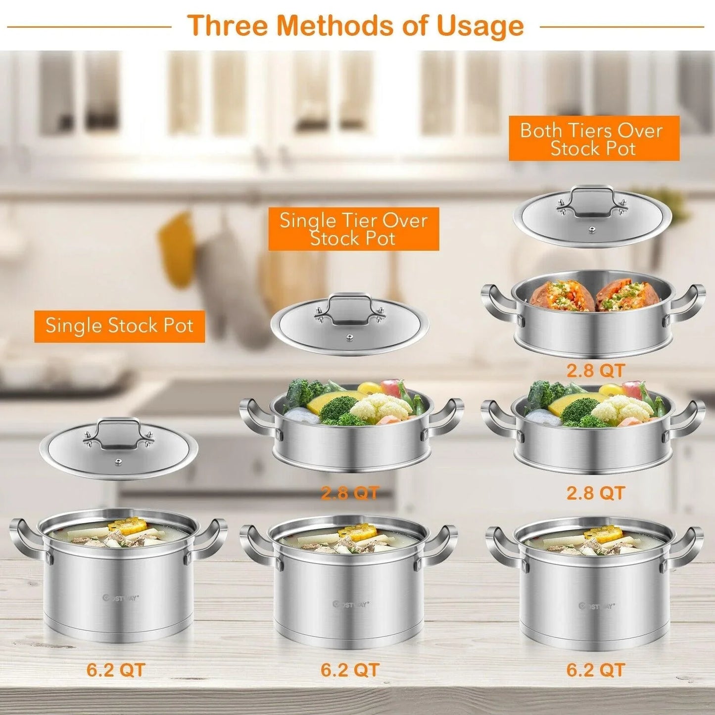 Costway 3 Tier Stainless Steel Steamer Pot 75682419,with Handle - YOURISHOP.COM