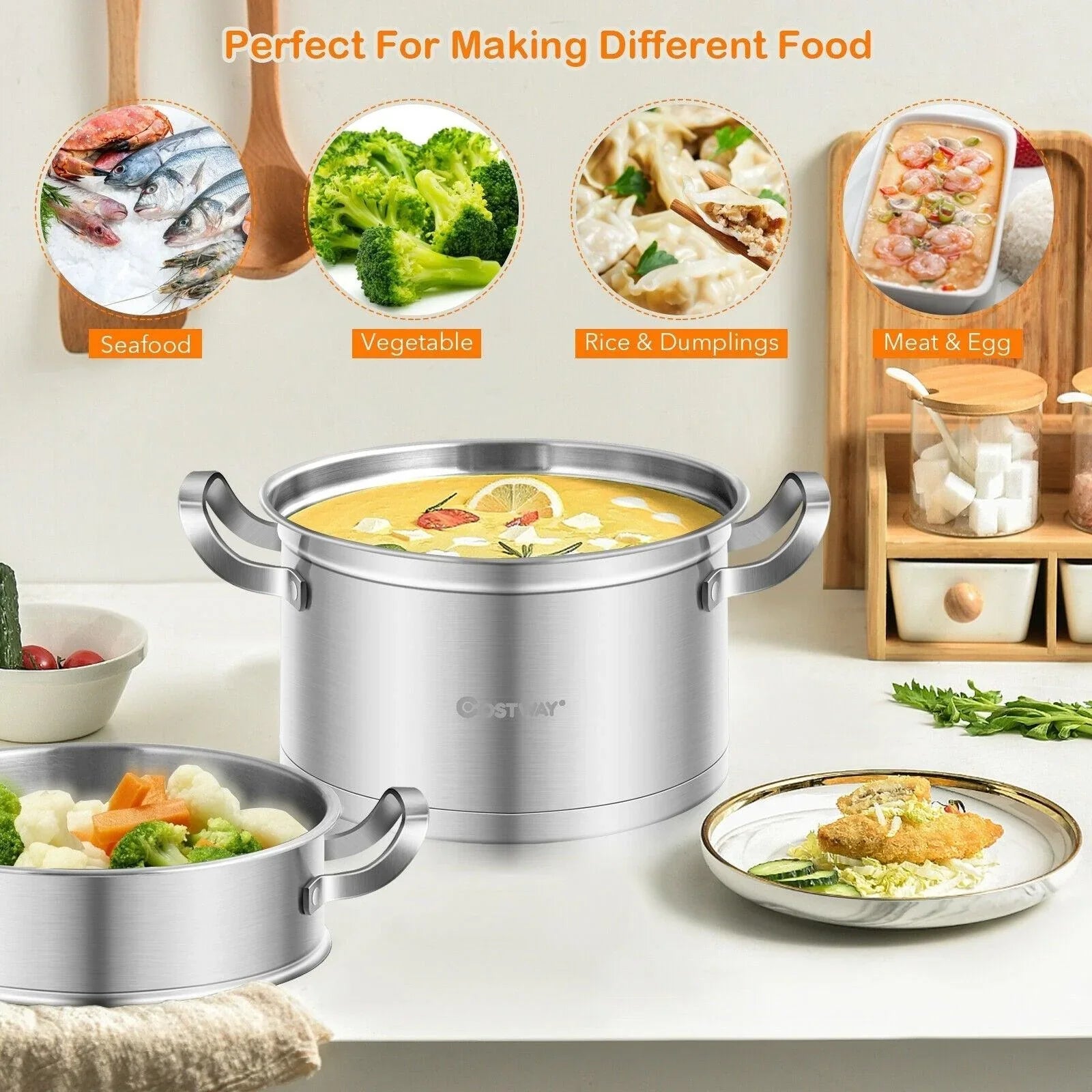 Costway 3 Tier Stainless Steel Steamer Pot 75682419,with Handle - YOURISHOP.COM