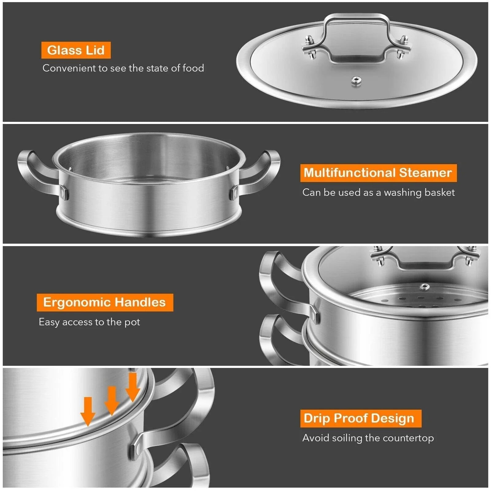 Costway 3 Tier Stainless Steel Steamer Pot 75682419,with Handle - YOURISHOP.COM