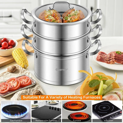 Costway 3 Tier Stainless Steel Steamer Pot 75682419,with Handle - YOURISHOP.COM