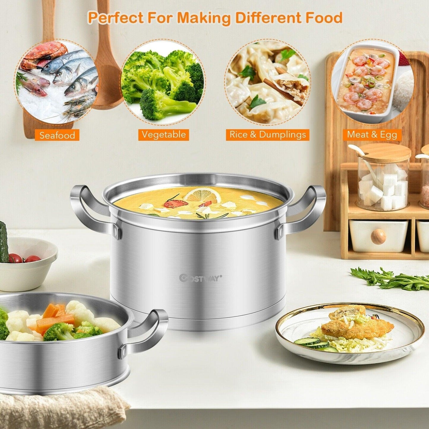 Costway 3 Tier Stainless Steel Steamer Pot 75682419,with Handle - YOURISHOP.COM