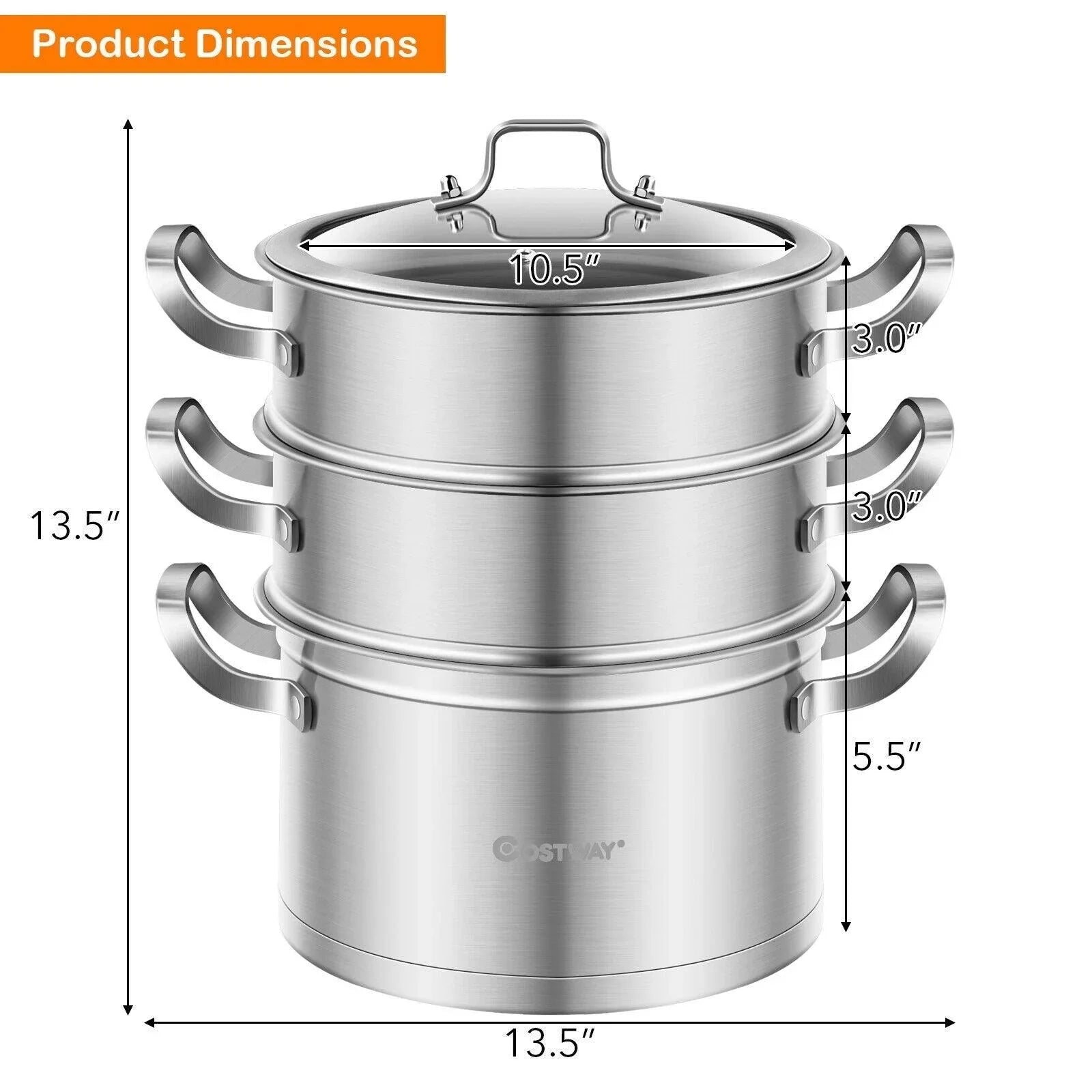 Costway 3 Tier Stainless Steel Steamer Pot 75682419,with Handle - YOURISHOP.COM