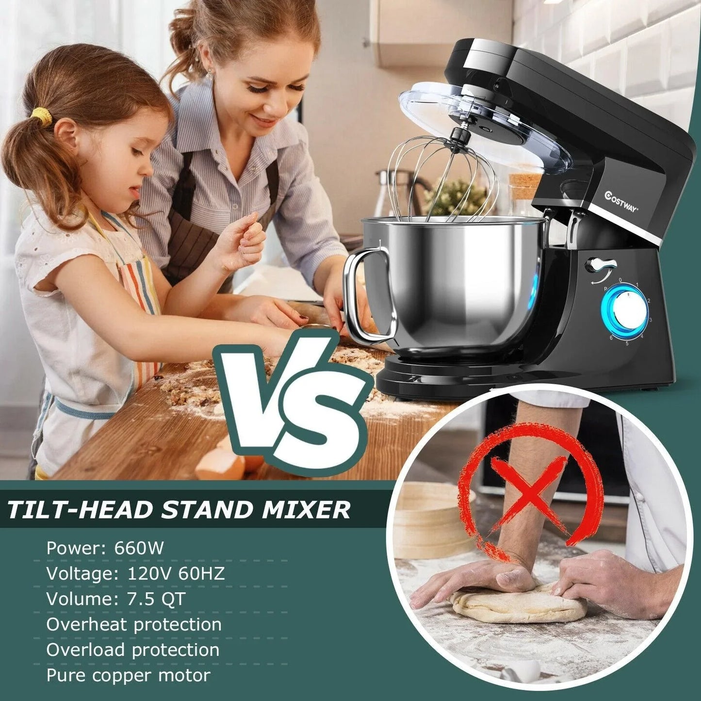 Costway Stand Mixer 96851023，7.5 QT Tilt-Head with Dough Hook Beater,6 Speed 660W - YOURISHOP.COM