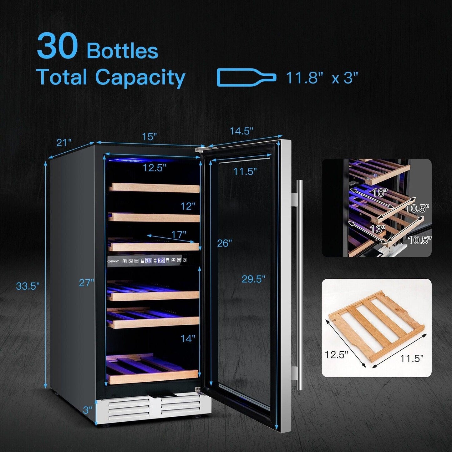 Costway Wine Cooler FP10125US-SL, 30-Bottle Freestanding with Temp Memory and Dual Zones - YOURISHOP.COM