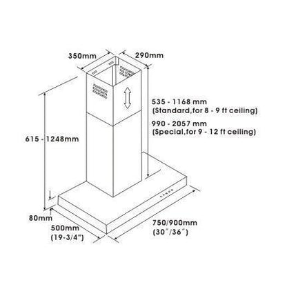 Crown Range Hood PRO-Z01| 800 CFM| Wall Mount| 30"/ 36"| Stainless Steel - YOURISHOP.COM
