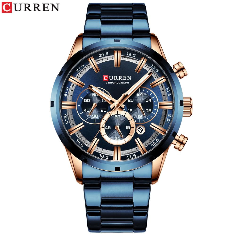CURREN Top Brand Military Quartz Watches Silver Blue Mens Stainless Steel Chronograph Wristwatch for Male Casual Sporty Clocks - YOURISHOP.COM