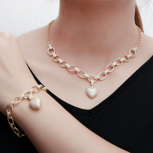 CWWZircons 585 Gold Color Cubic Zirconia Dangle Love Heart Shape Charm Bracelet Pendant Necklace Women Costume Jewelry Set T468 - YOURISHOP.COM