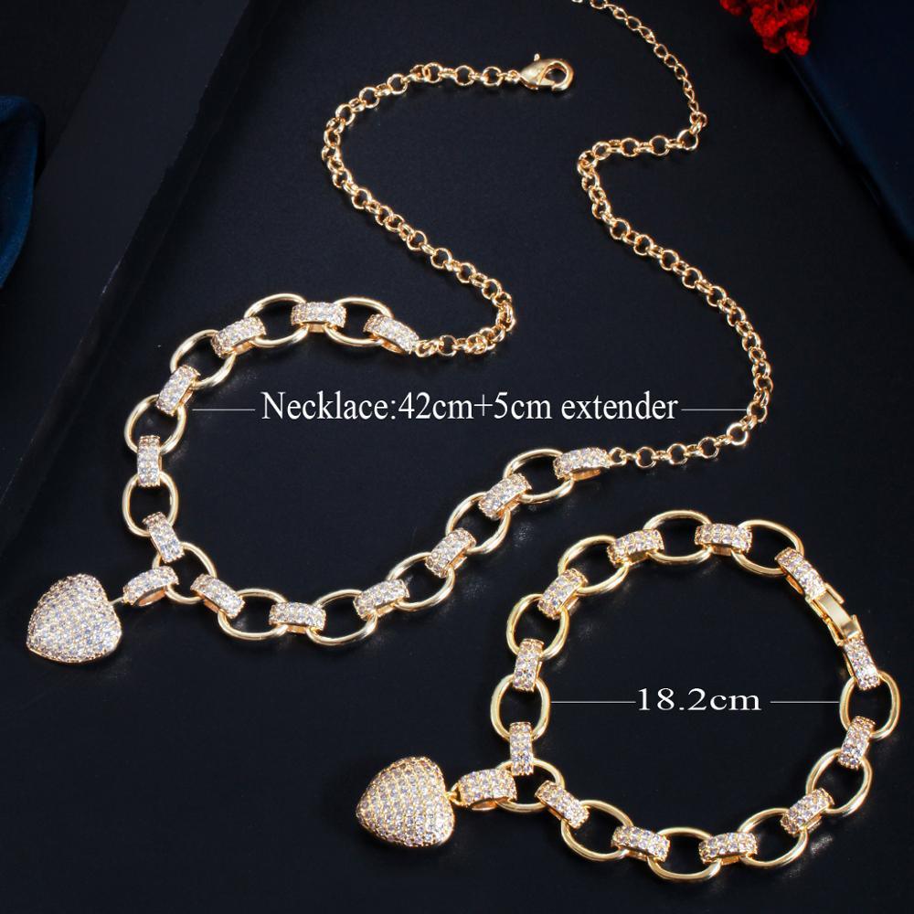 CWWZircons 585 Gold Color Cubic Zirconia Dangle Love Heart Shape Charm Bracelet Pendant Necklace Women Costume Jewelry Set T468 - YOURISHOP.COM