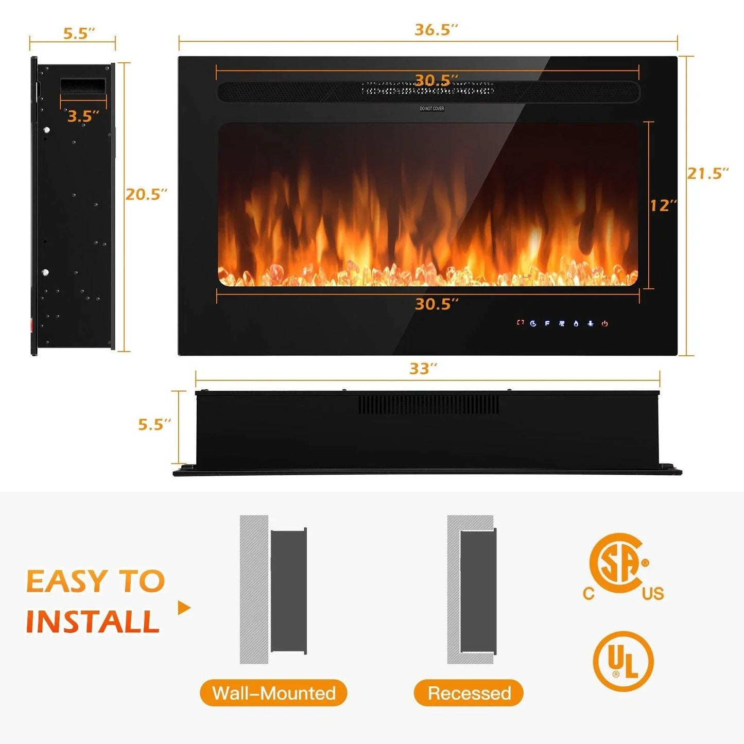 Electric Fireplace EP23236US,Insert Wall Mounted with Timer,36 Inch - YOURISHOP.COM