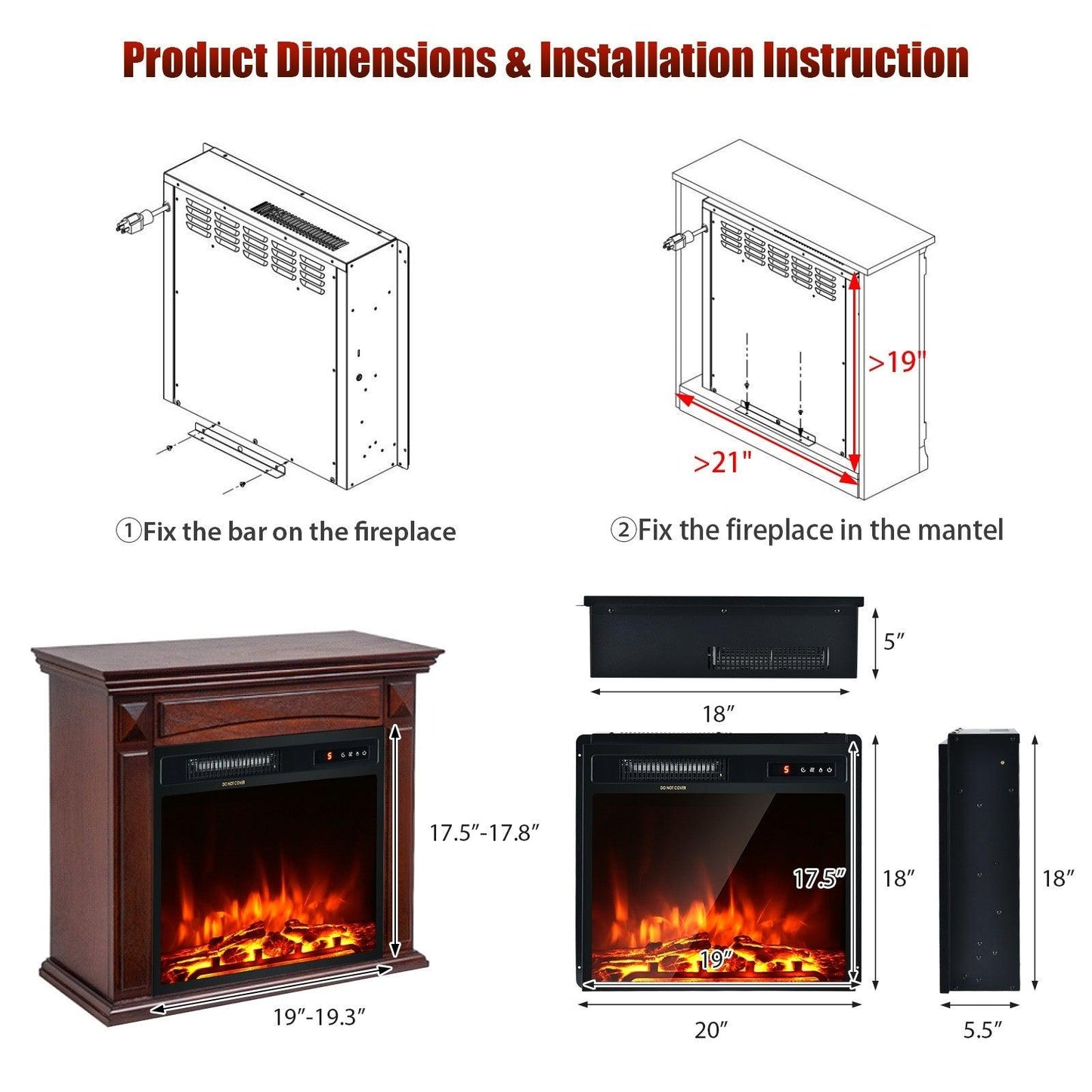 Electric Fireplace Heater FP10046US,Freestanding and Recessed 18 Inch 1500W - YOURISHOP.COM