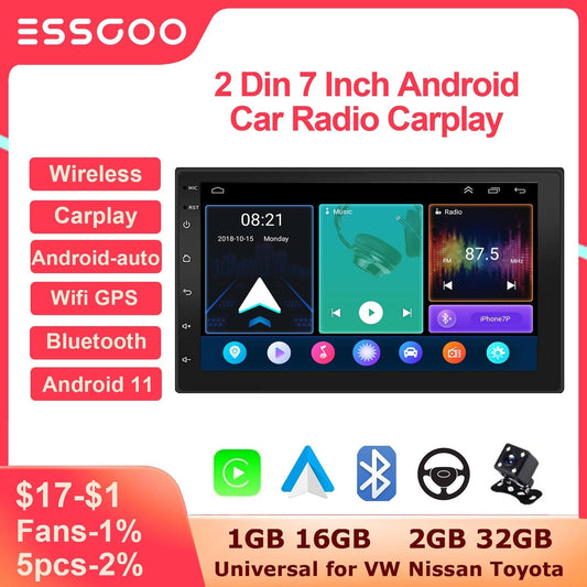 ESSGOO 7 Inch Android Car Radio 2 Din CarPlay 2GB 32GB GPS WiFi Universal Automotive Multimedia For Volkswagen Nissian Toyota - YOURISHOP.COM
