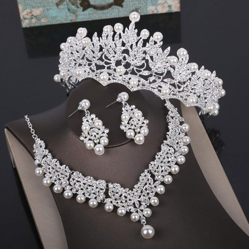 Fashion Crystal Pearl Costume Jewelry Sets Rhinestone Statement Necklace Earrings Crown Tiaras Set Women Wedding Jewelry Sets - YOURISHOP.COM
