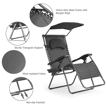 Folding Recliner Lounge Chair 27109843,with Shade Canopy Cup Holder - YOURISHOP.COM