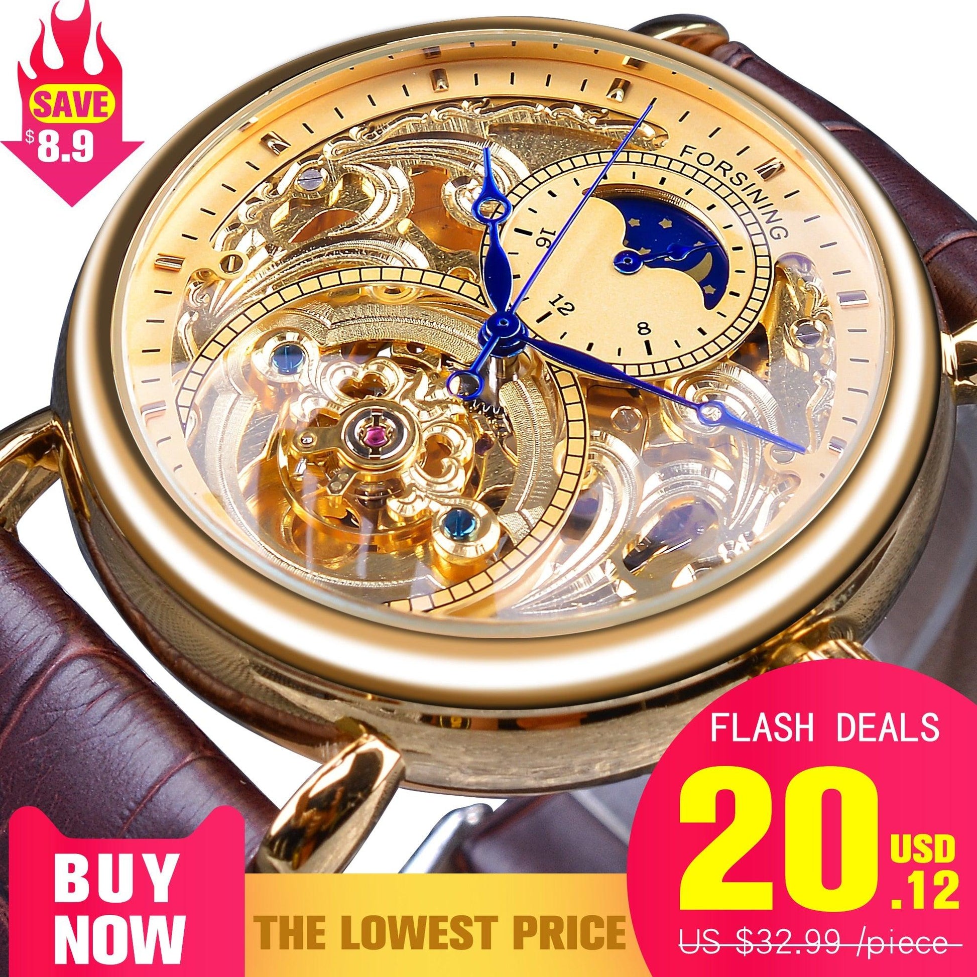 Forsining 2018 Royal Golden Skeleton Display Blue Hands Brown Genuine Leather Belt Mens Mechanical Wristwatches Clock Male - YOURISHOP.COM
