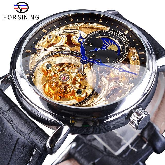 Forsining 2018 Royal Golden Skeleton Display Blue Hands Brown Genuine Leather Belt Mens Mechanical Wristwatches Clock Male - YOURISHOP.COM