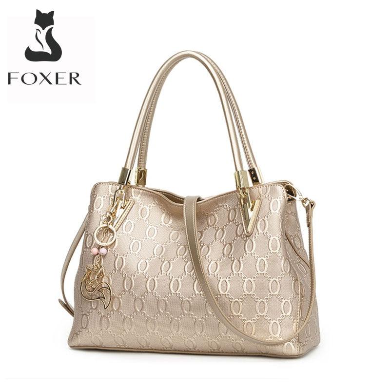 FOXER Occident Style Gold Totes Women&#39;s Cow Split Leather Handbag Fashion Lady Commute Purse Luxury Large Capacity Shoulder Bag - YOURISHOP.COM