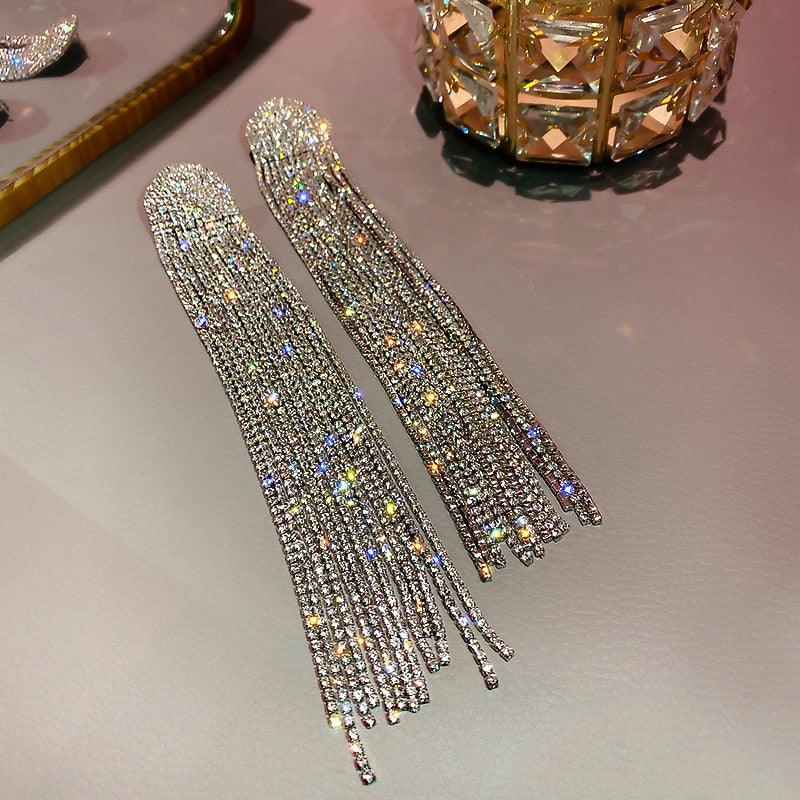 FYUAN Long Tassel Full Rhinestone Drop Earrings for Women Ovsize Crystal Dangle Earrings Fashion Jewelry Accessories - YOURISHOP.COM