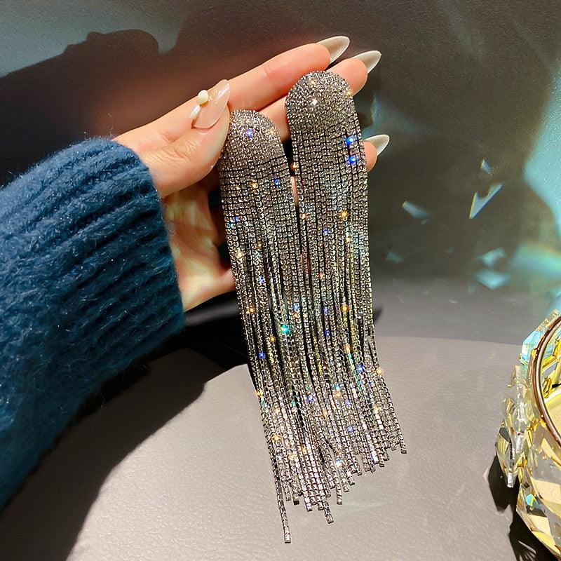 FYUAN Long Tassel Full Rhinestone Drop Earrings for Women Ovsize Crystal Dangle Earrings Fashion Jewelry Accessories - YOURISHOP.COM