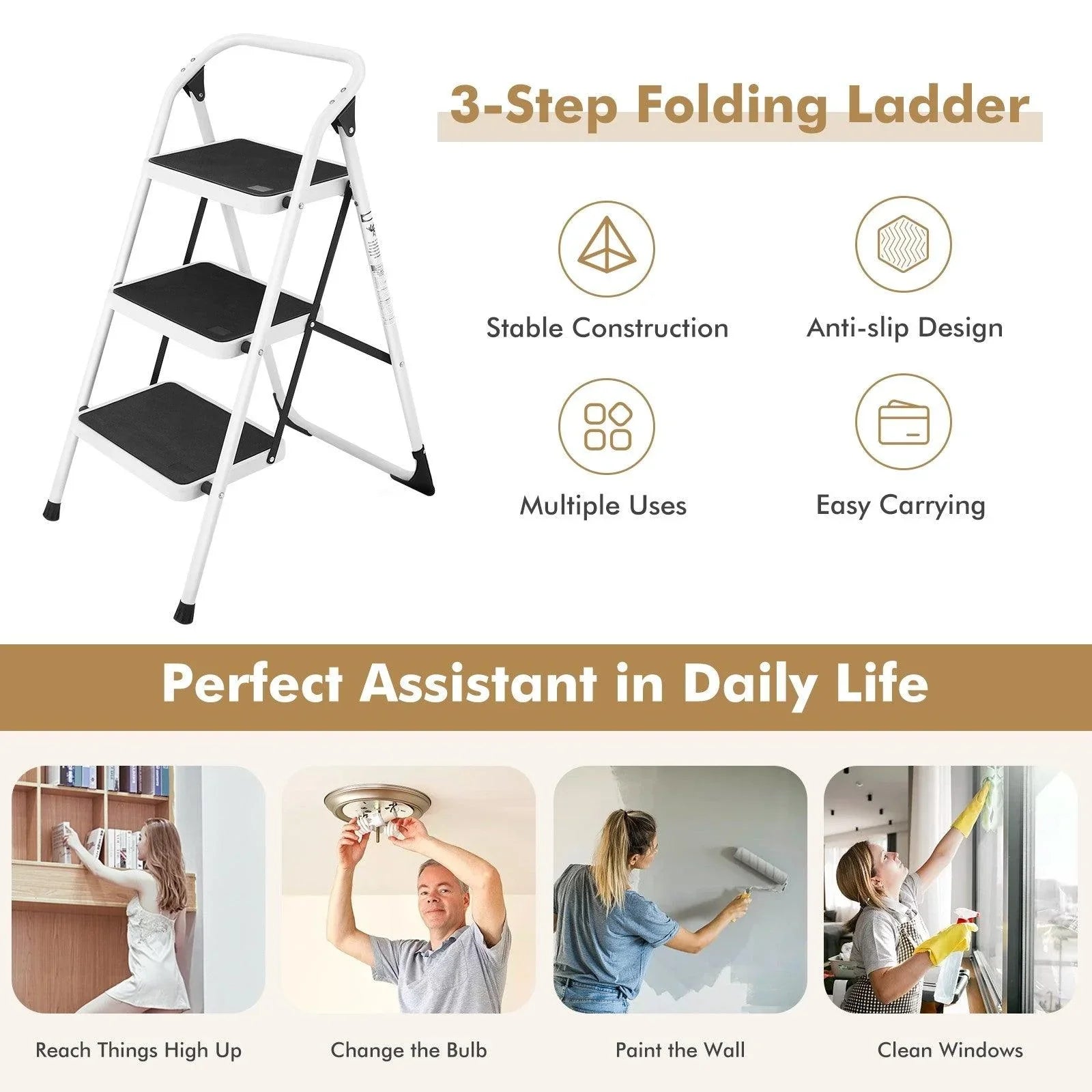 HD 3 Step Ladder Platform Lightweight Folding Stool 78265940 - YOURISHOP.COM