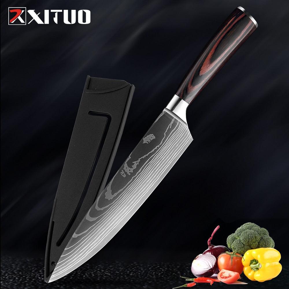 High quality 440C German Kitchen Knife Damascus Laser Pattern Utility Chef Knife EDC Cleaver Filleting Santoku Best Kitchen Tool - YOURISHOP.COM
