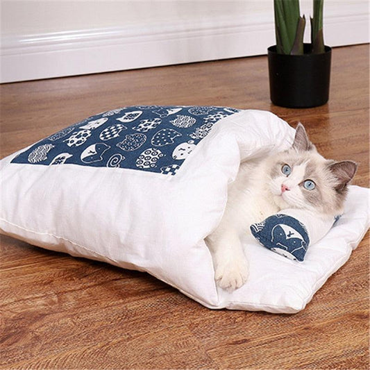 Japanese Cat Bed Warm Cat Sleeping Bag Deep Sleep Winter Removable Pet Dog Bed House Cats Nest Cushion with pillow - YOURISHOP.COM